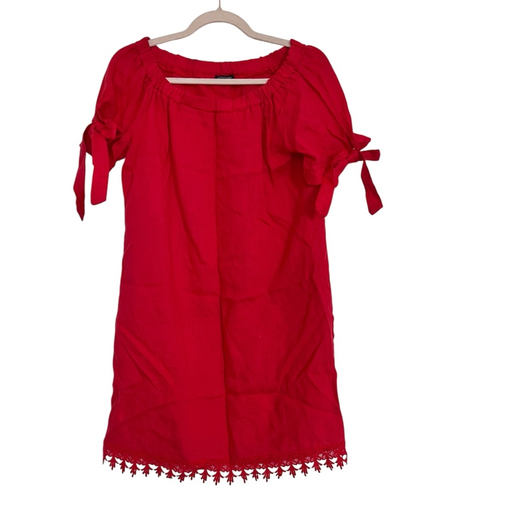 Lungo L'arno Italy Red 100% Linen Off Shoulder Tie Sleeve Mini Shift Dress Small